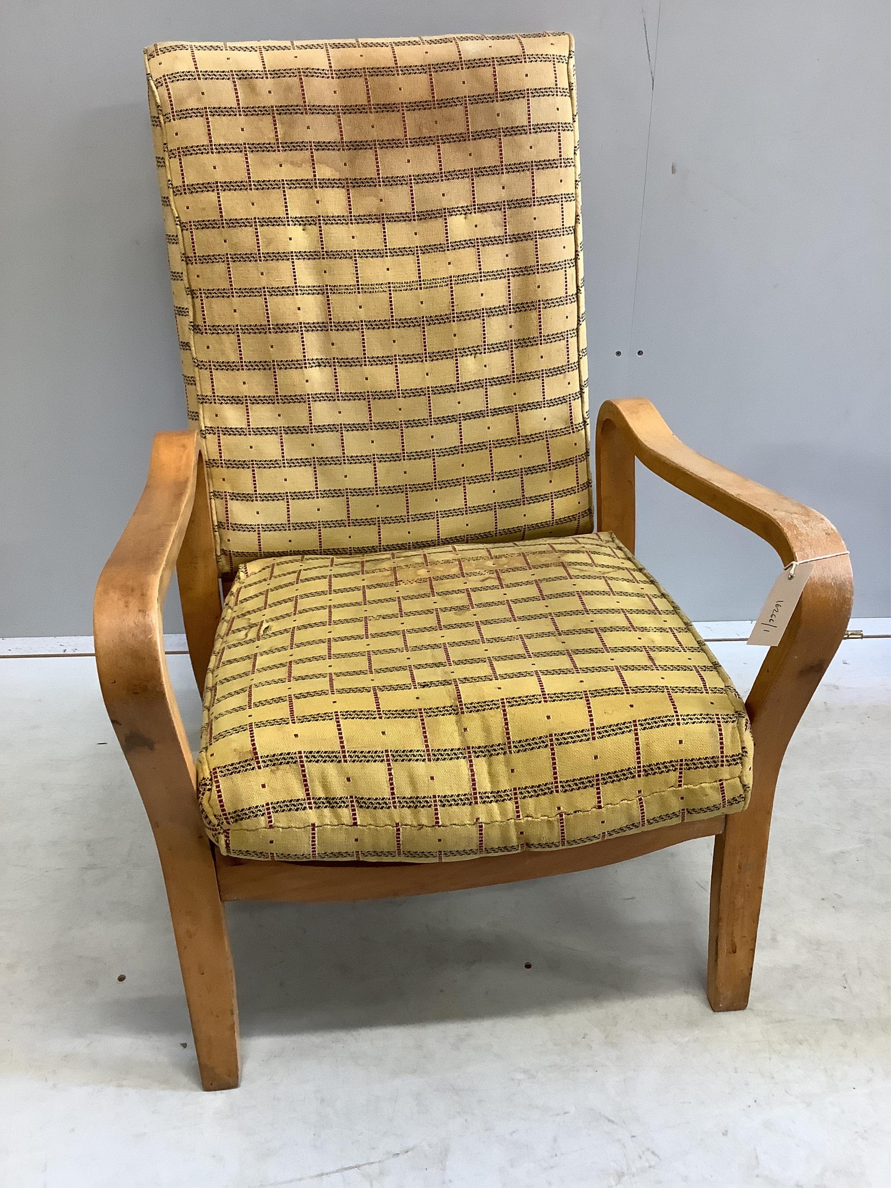 A pair of mid century Eric Lyons Tecta armchairs, width 56cm, depth 54cm, height 85cm. Condition - fair, upholstery poor